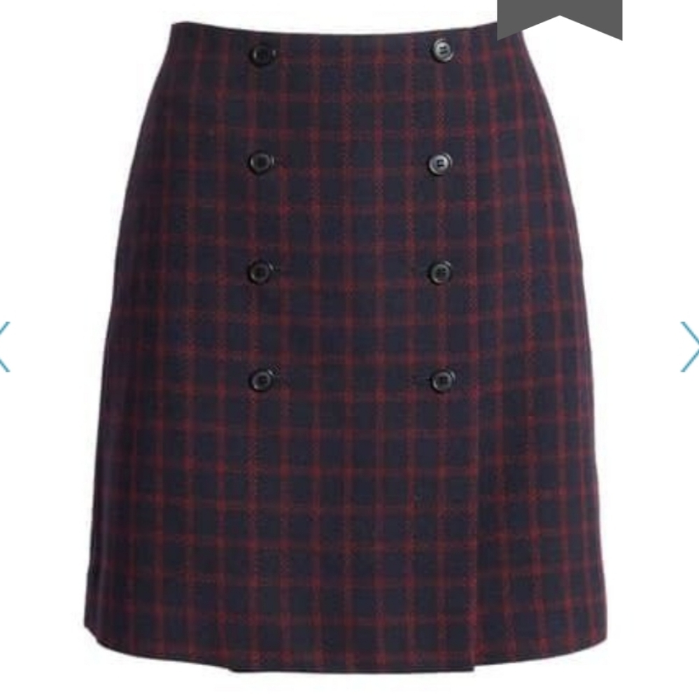 Nordstrom Navy and Red Plaid Button-Front A-Line Skirt